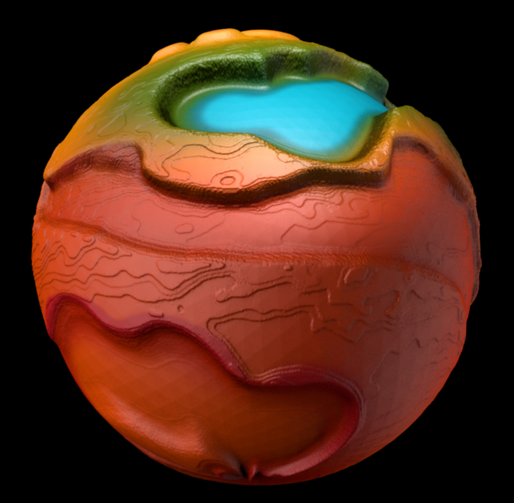 Rendered Mars with reds, oranges, yellows, and a crater with water.