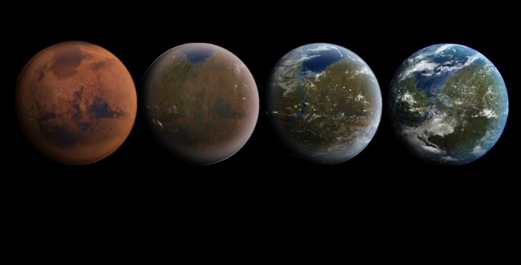 4 versions of Mars each resembling more and more like Earth.